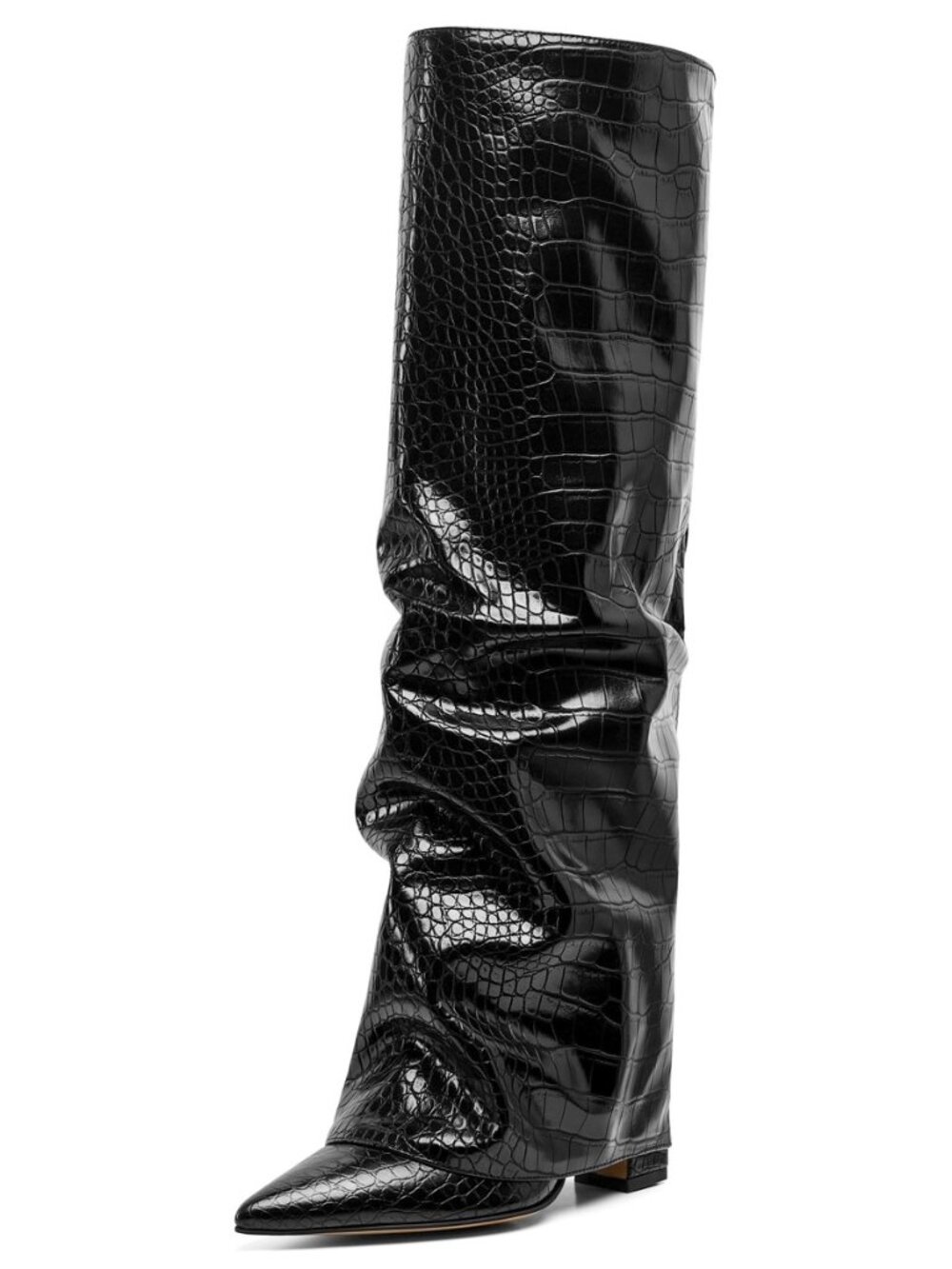 Women's Slouchy Knee High Boots - Black, Pointed Toe, Fold Over, Chunky, Shark